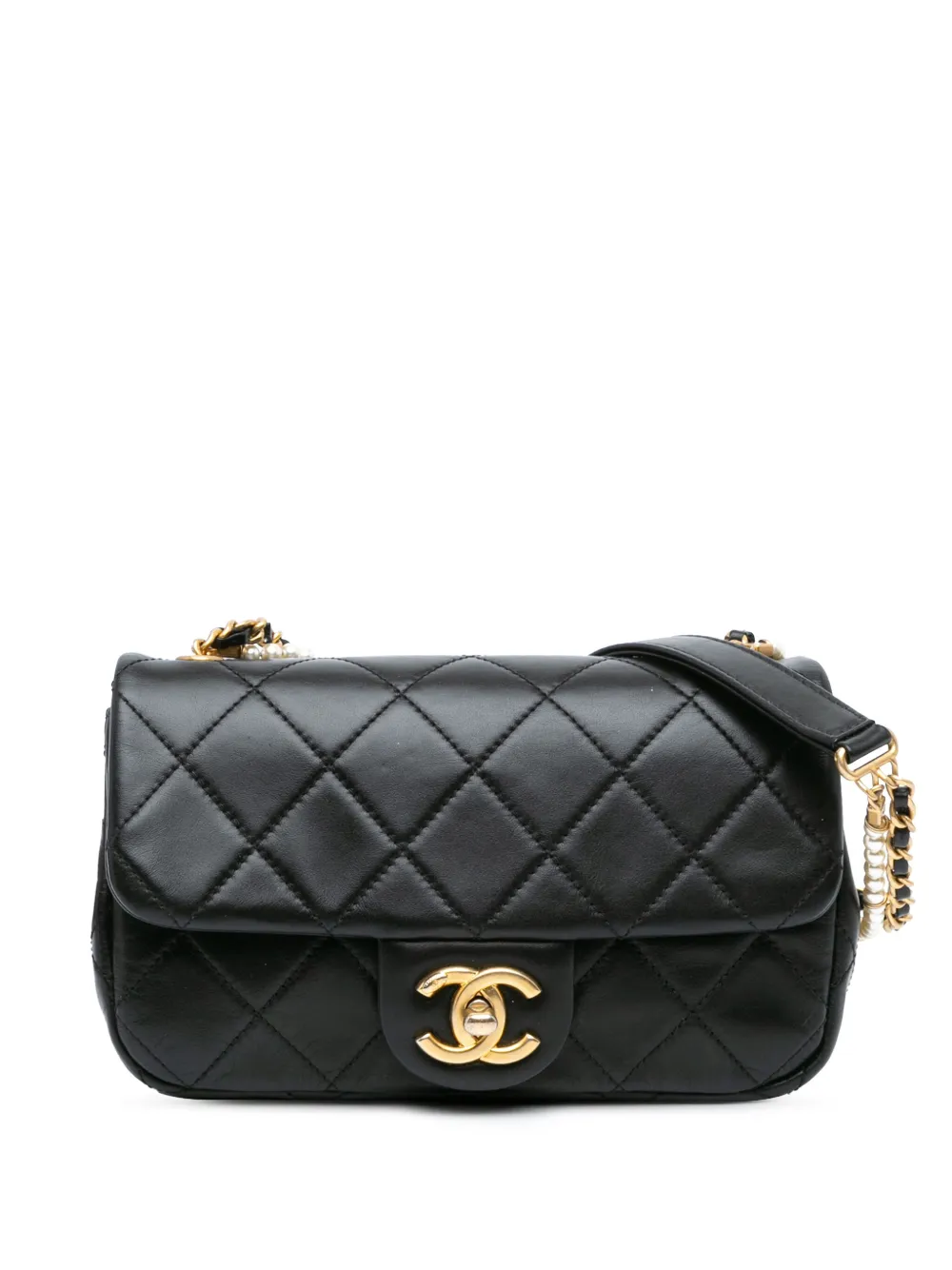 CHANEL Pre-Owned 2020 Mini Quilted Calfskin Crystal Pearls Chain Flap crossbody bag | Black | Image 1