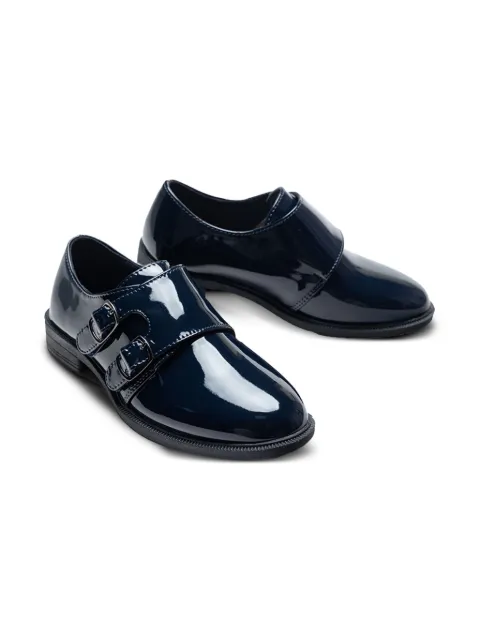 Moustache patent-finish buckled shoes