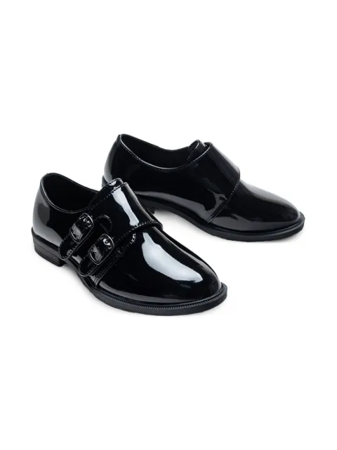 Moustache patent-finish buckled shoes