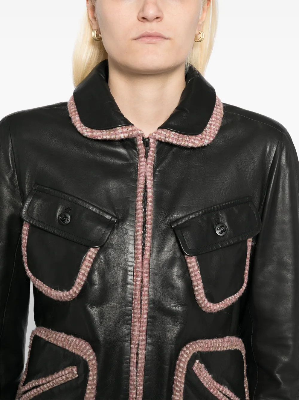 Pre-owned Chanel 2003 Zip Up Leather Jacket In Black