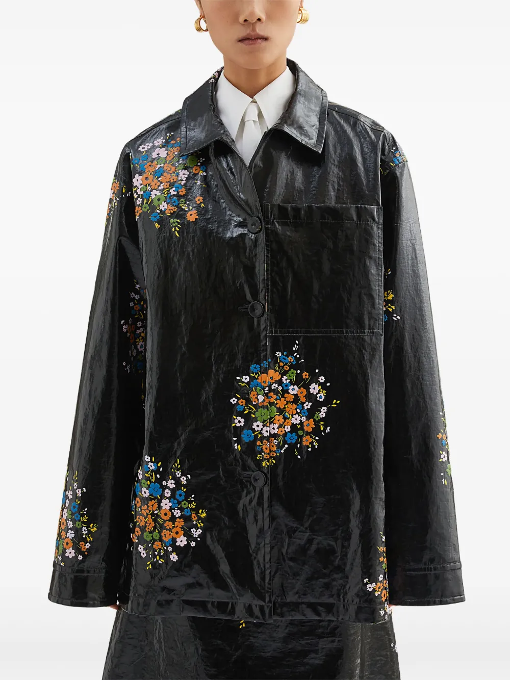 Jil Sander Shirtjack met bloemenprint Zwart
