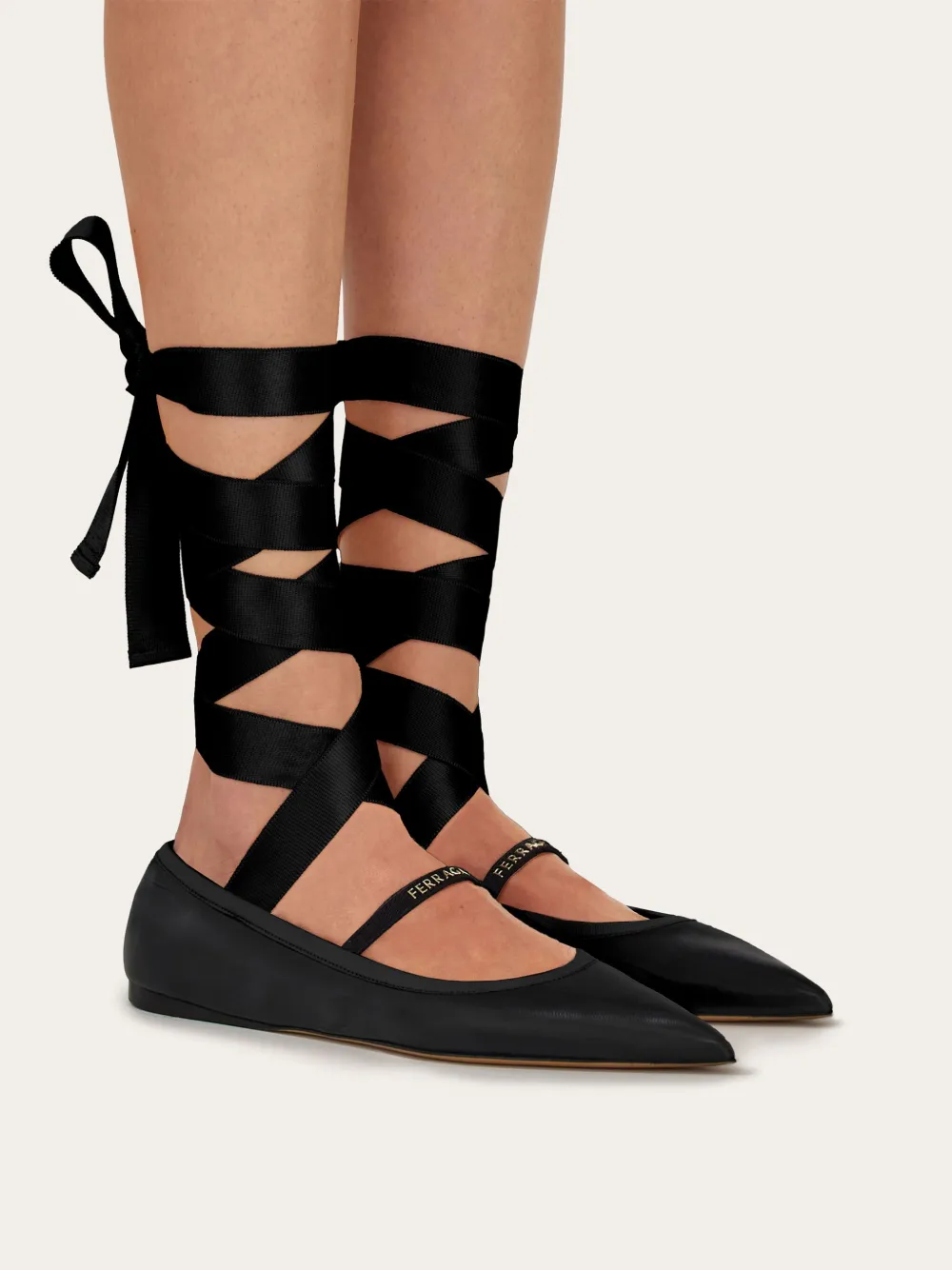 Ferragamo Carice Satin Ribbon Tapered Ballerinas In Black In Black