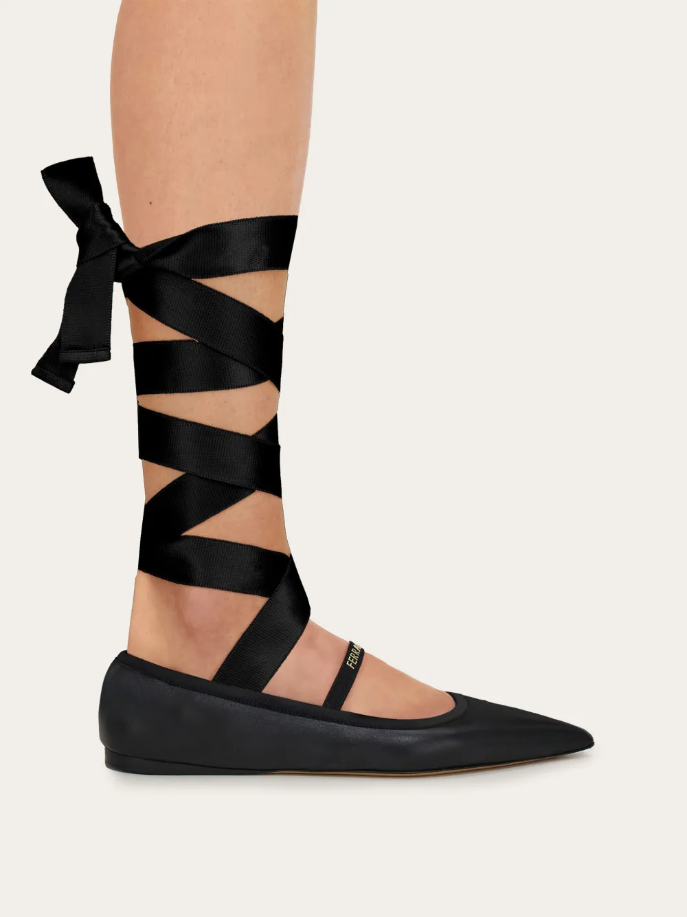 Ferragamo Carice Satin Ribbon Tapered Ballerinas In Black In Black