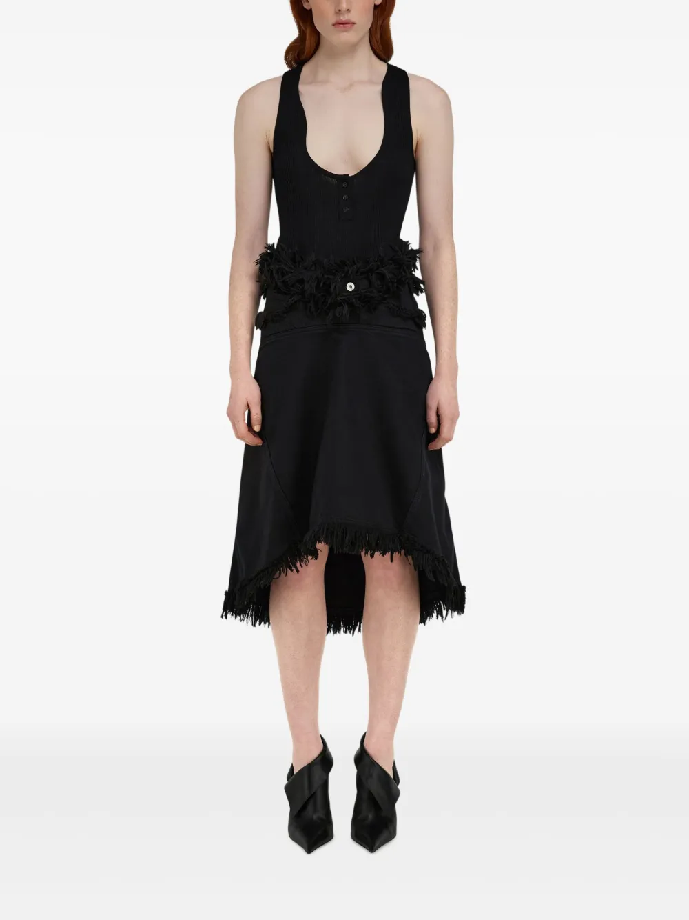Ferragamo Frayed Denim Midi Skirt In Black
