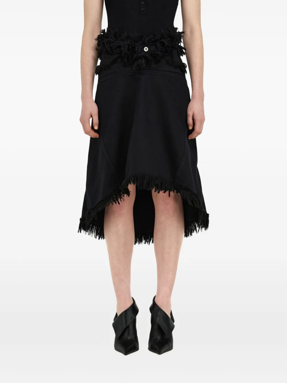Ferragamo Frayed Denim Midi Skirt In Black