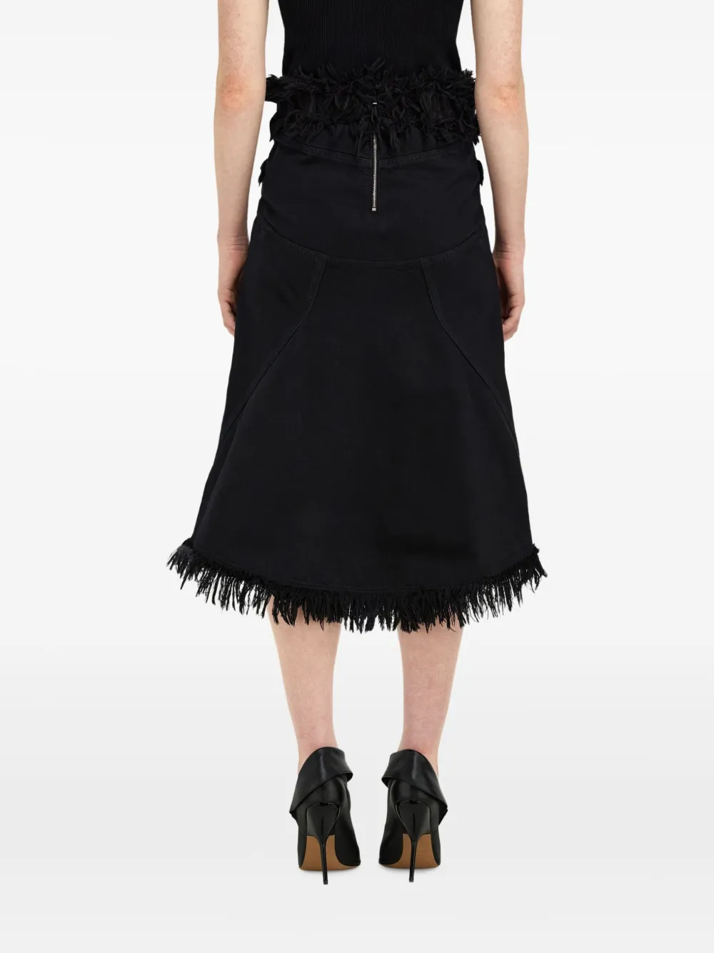 Ferragamo Frayed Denim Midi Skirt In Black
