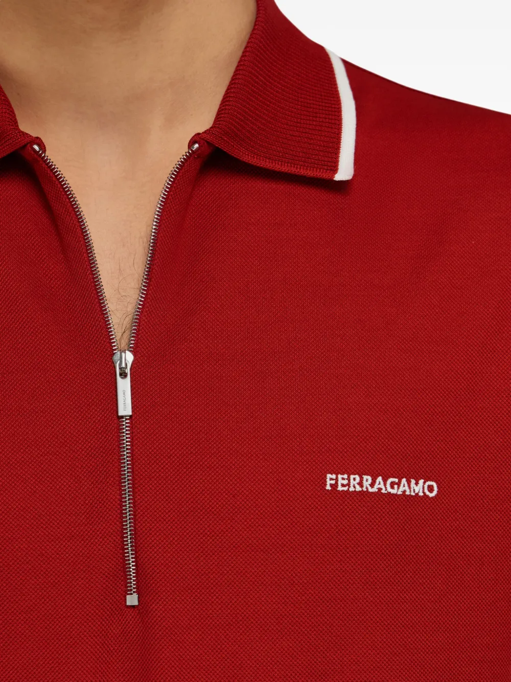 Ferragamo Cotton Polo Shirt With Zip Closure In Red