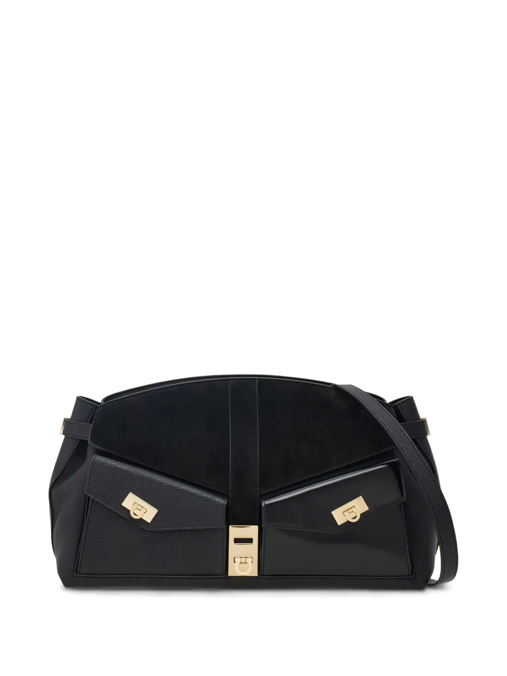 Ferragamo Hug Pouch Large Suede-trimmed Leather Shoulder Bag In Black