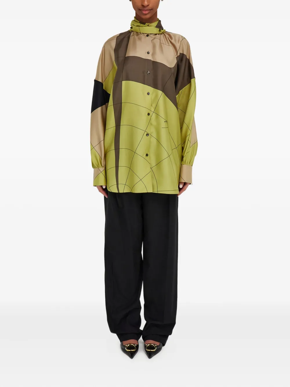 Ferragamo Zijden blouse met sjerpdetail - Citronella/Cement