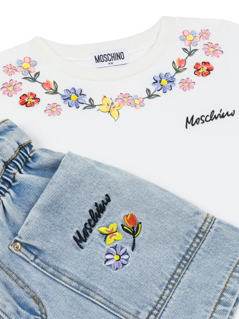Moschino Kids T-shirt en shorts met geborduurde bloemen Blauw