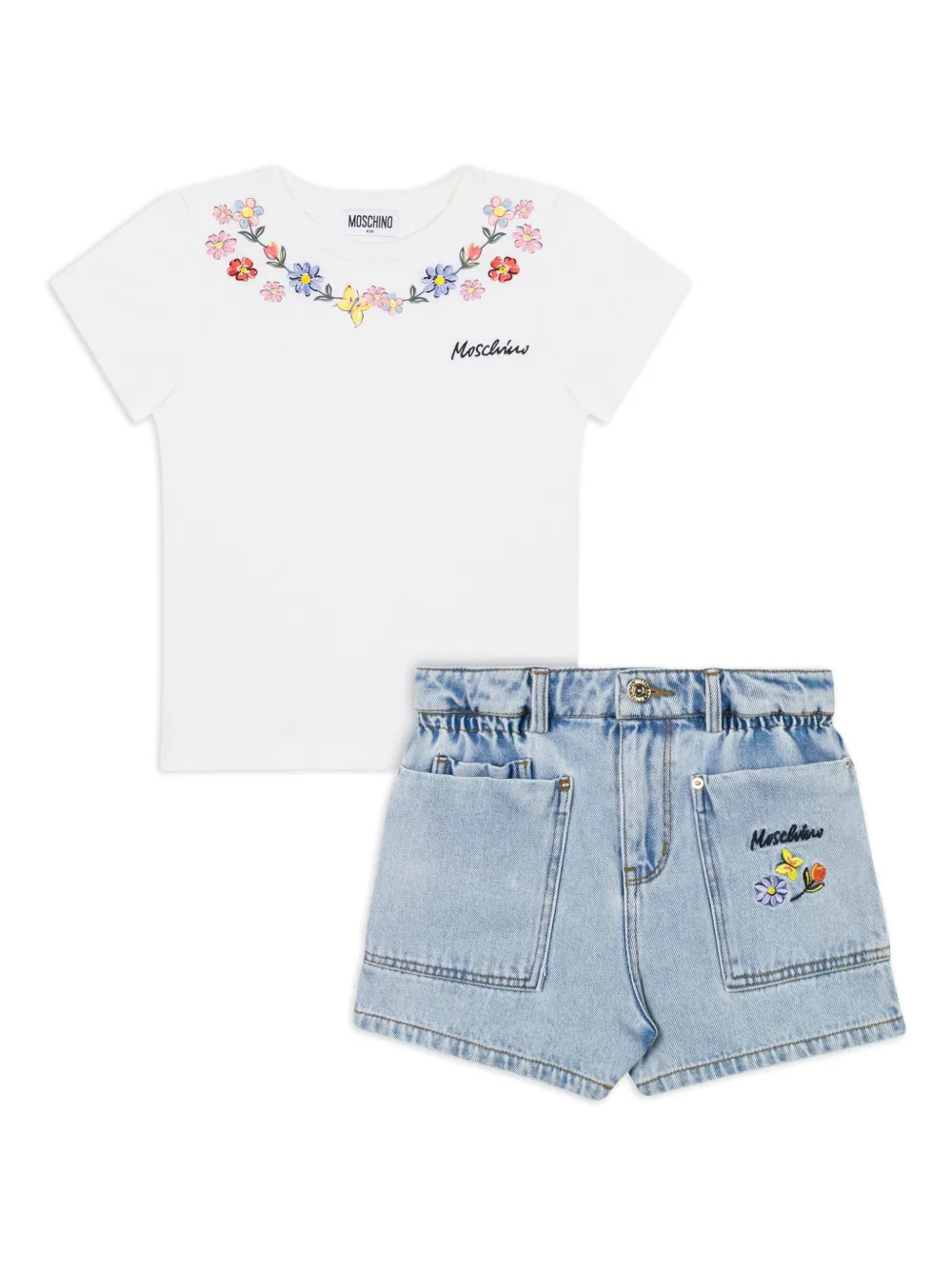 Moschino Kids T-shirt en shorts met geborduurde bloe Blauw