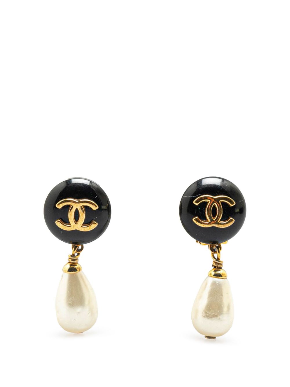 1996 Gold Plated Faux Pearl CC Drop Clip On costume earrings