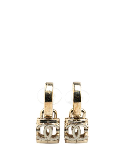 CHANEL Pre-Owned 20th Century Gold Plated and Enamel CC Cube Drop Clip On costume earrings