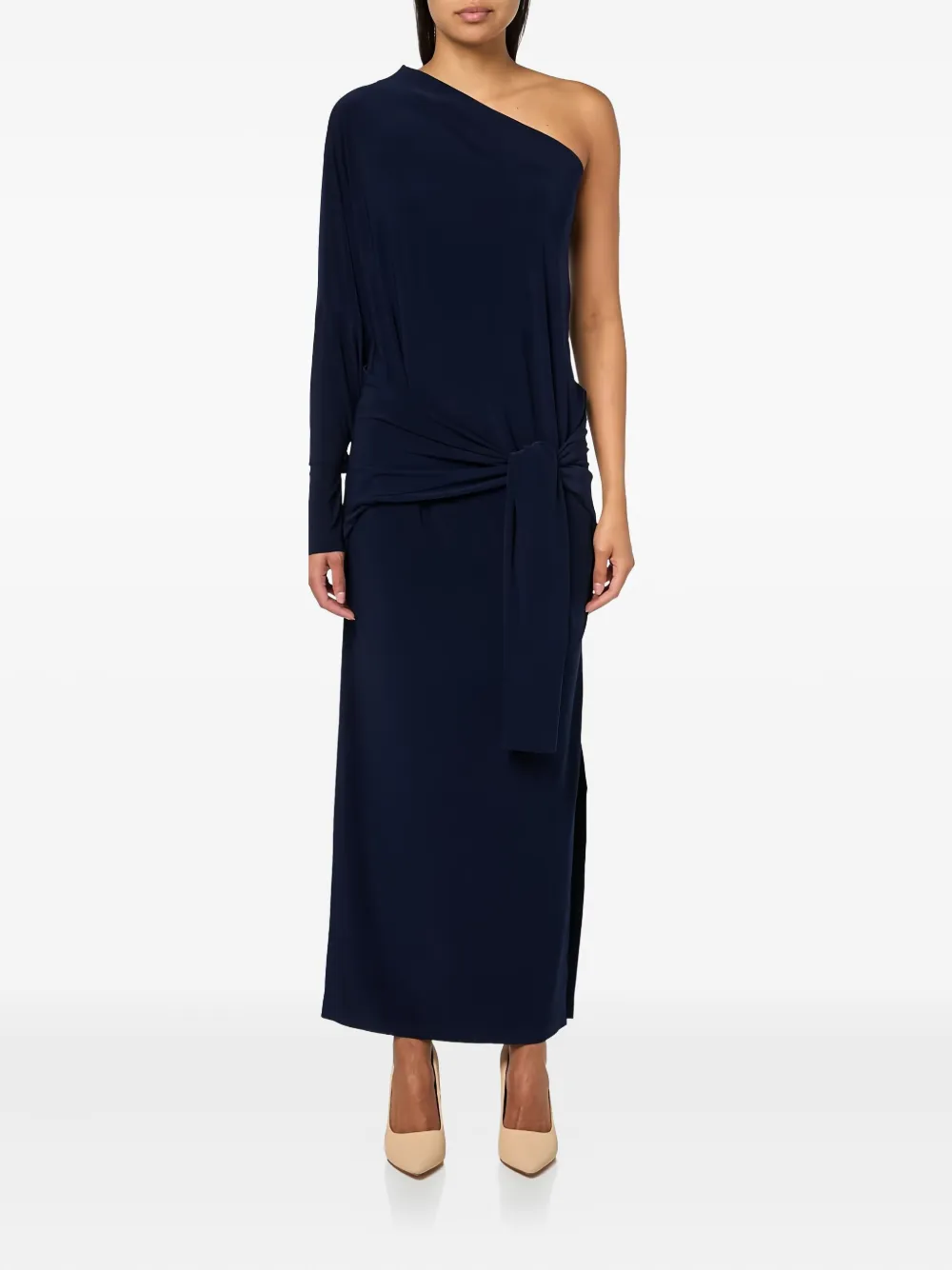 Norma Kamali one-shoulder tie-waist maxi dress Blauw