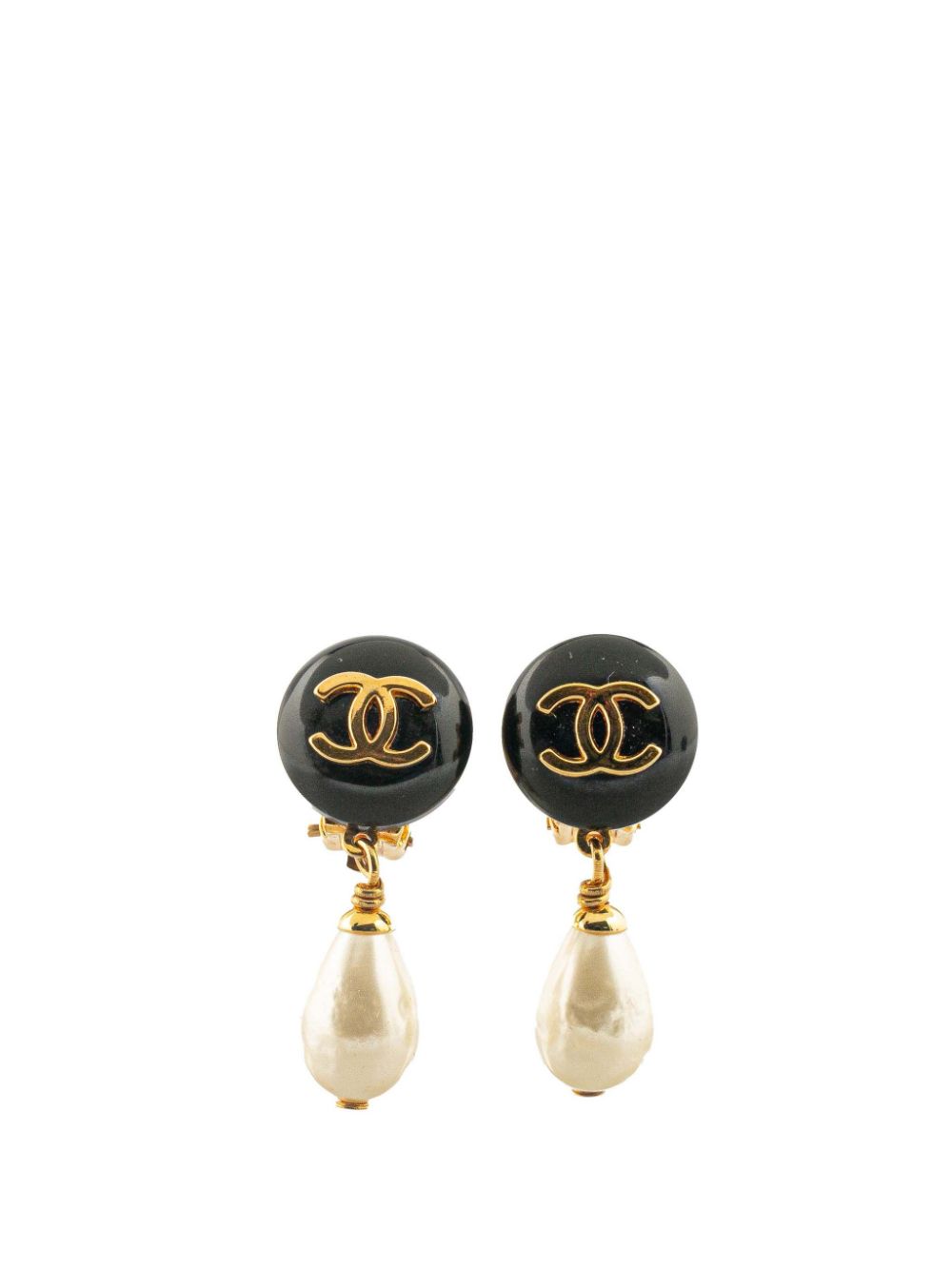 1996 Gold Plated Faux Pearl CC Drop Clip On costume earrings