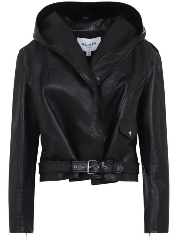 ALAÏA BLACK HOODED WOOL BIKER JACKET |ALAÏA US