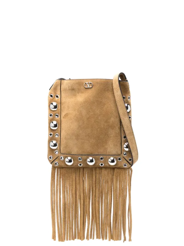 Valentino Garavani Nellcôte Small Shoulder Bag in Suede with Fringes in Neutrals