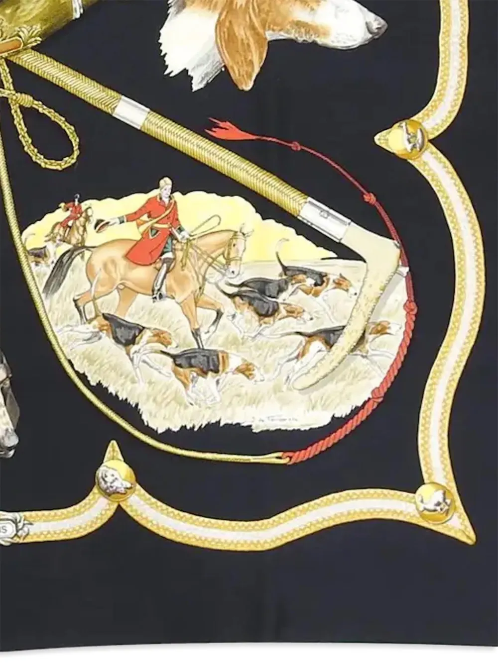 Pre-owned Hermes 1979 Le Laisser Courre By J De Fougerolle Silk Scarf In Black