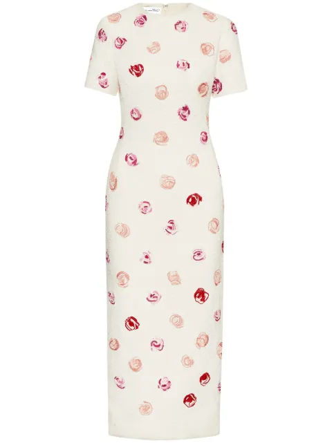 Oscar de la Renta rose-embroidered tweed midi dress