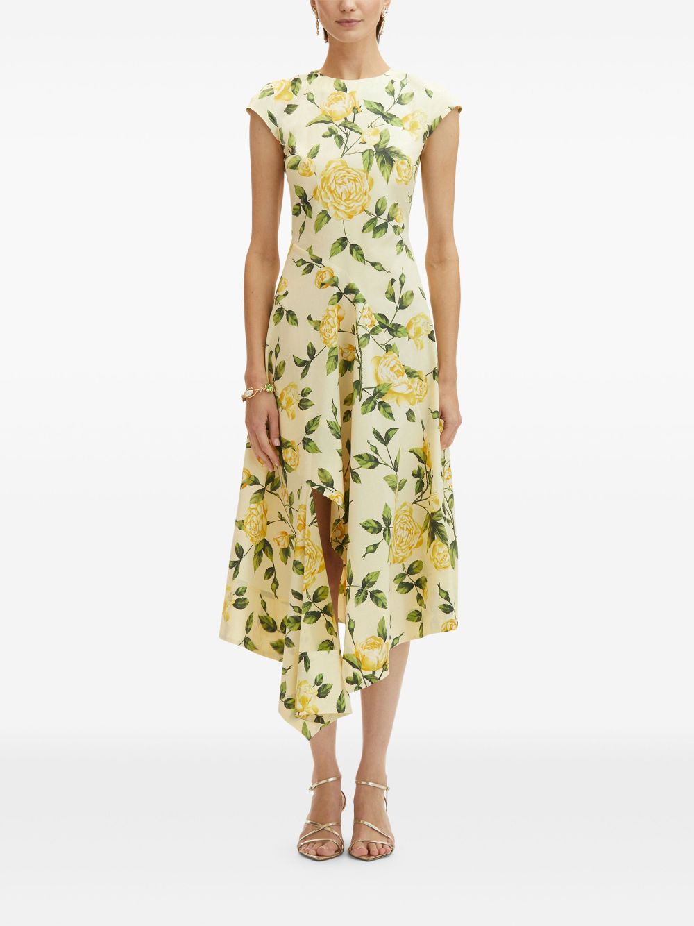 Oscar de la Renta Asymmetrische midi-jurk met roosprint - Geel