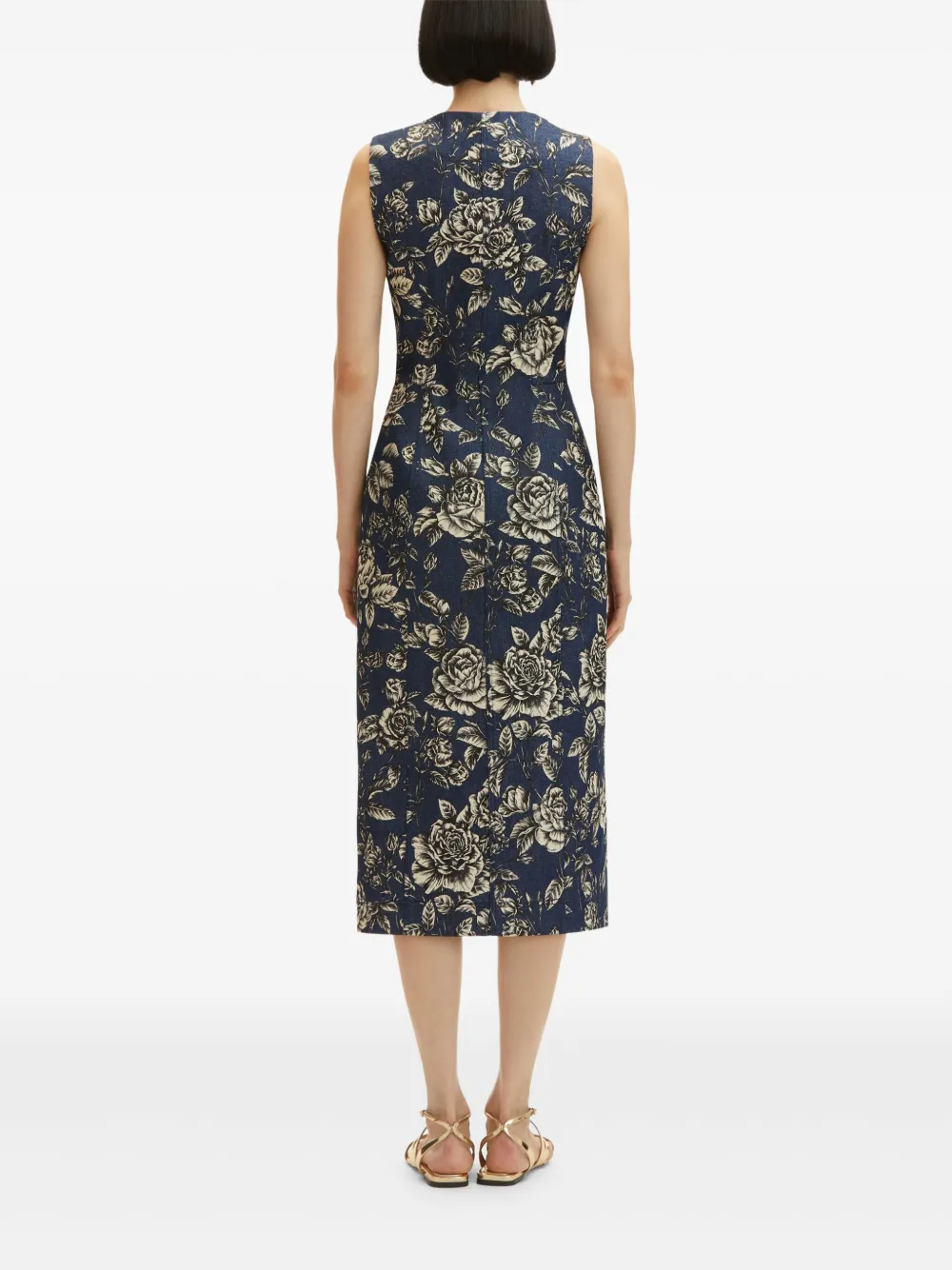OSCAR DE LA RENTA ROSE-PRINT DENIM MIDI DRESS 