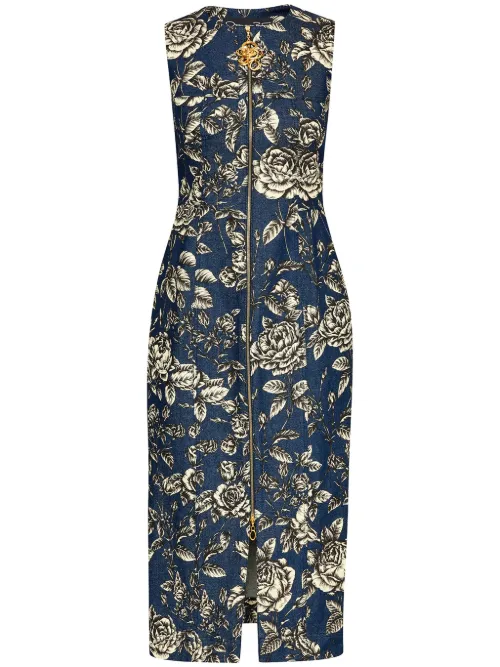 Robe mi-longue en jean à fleurs - Oscar de la Renta - Modalova