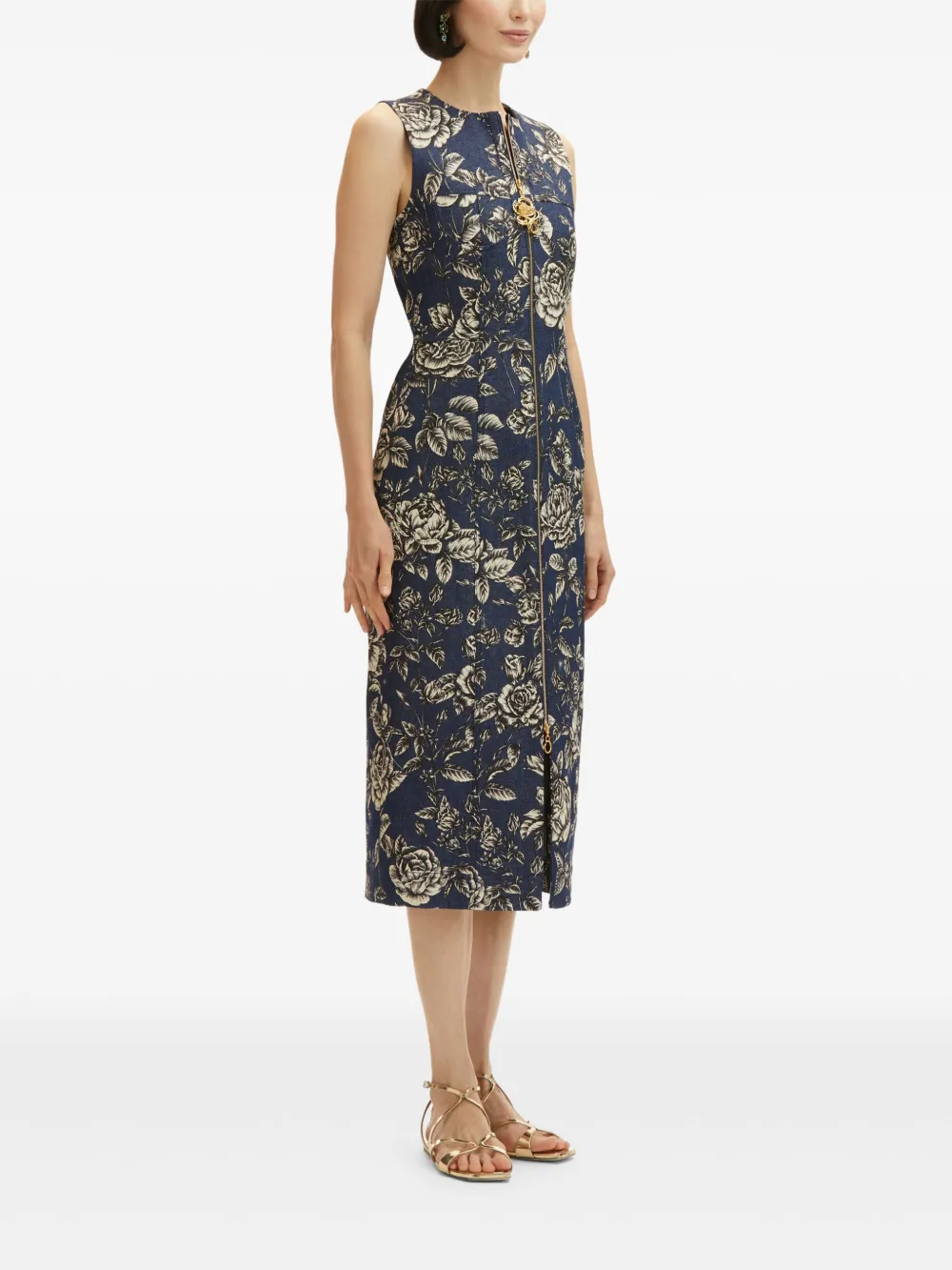 OSCAR DE LA RENTA ROSE-PRINT DENIM MIDI DRESS 