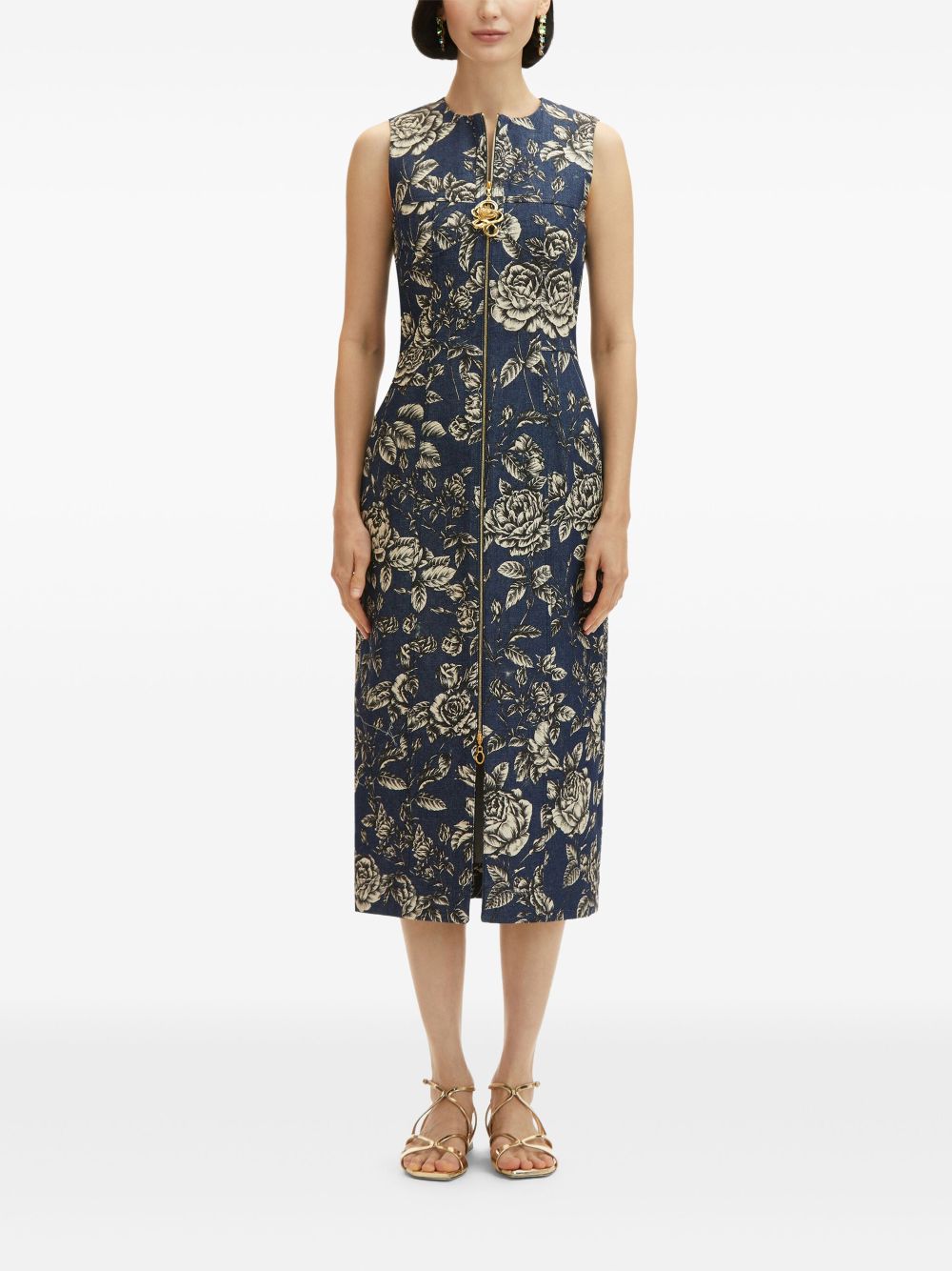 Oscar de la Renta Denim midi-jurk met rozenprint - Blauw