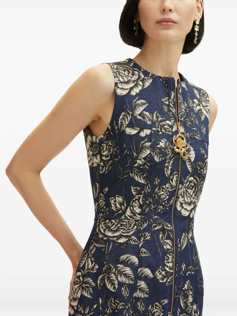 OSCAR DE LA RENTA ROSE-PRINT DENIM MIDI DRESS 