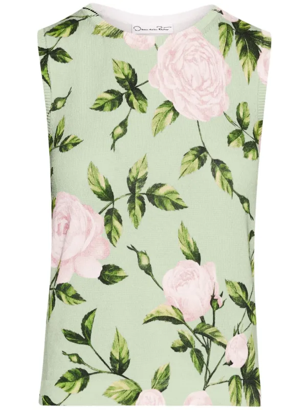 Oscar de la Renta Rose-print Top in Green
