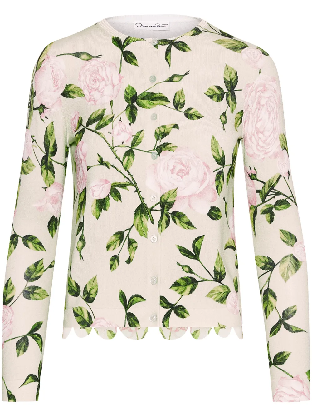 Oscar De La Renta English Rose Printed Crewneck Cardigan With Scalloped Trim In Pink