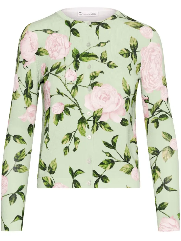 Oscar de la Renta English Rose Print Cardigan in Green