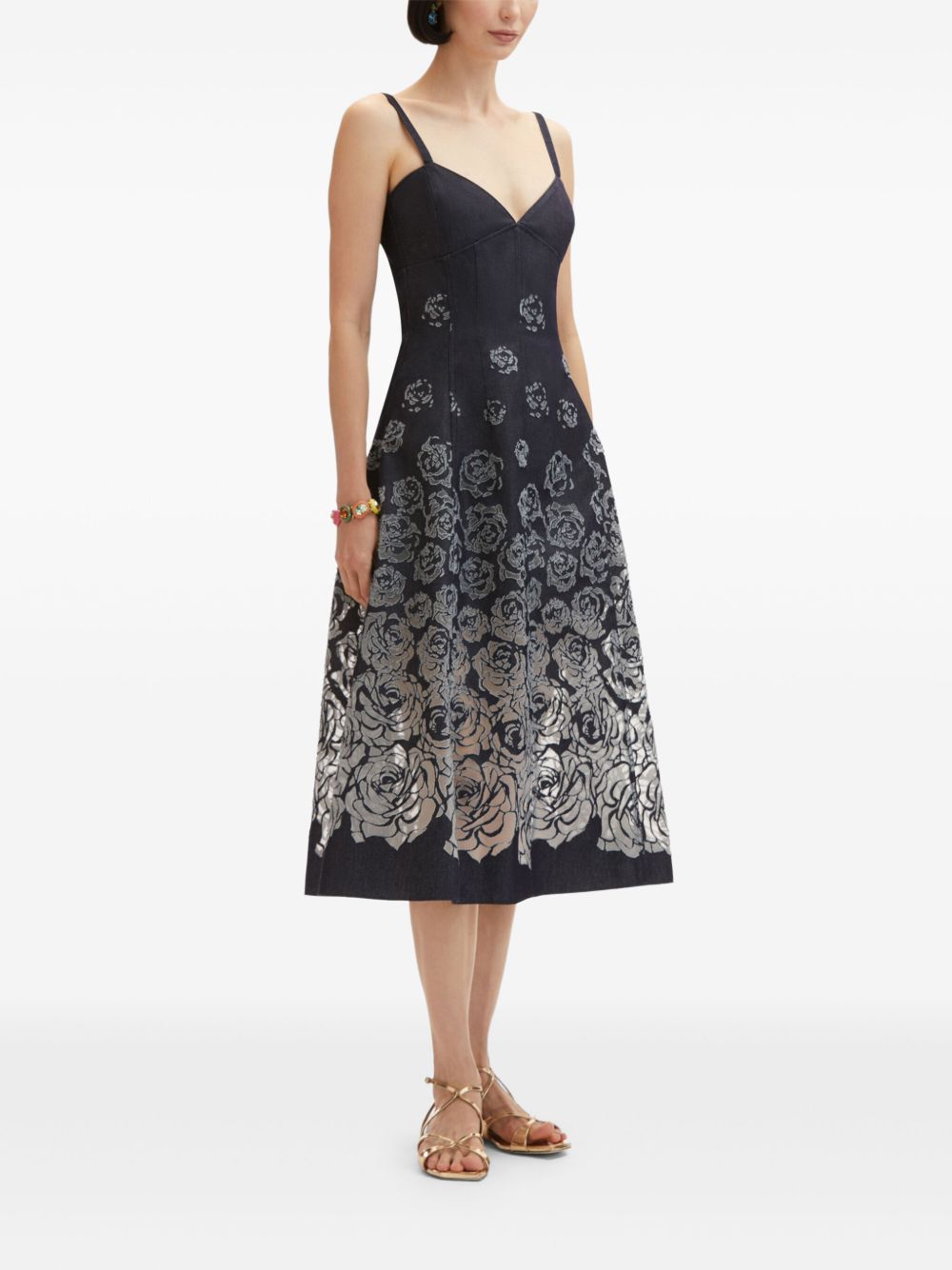 OSCAR DE LA RENTA DEVORÉ-EFFECT DENIM MIDI DRESS