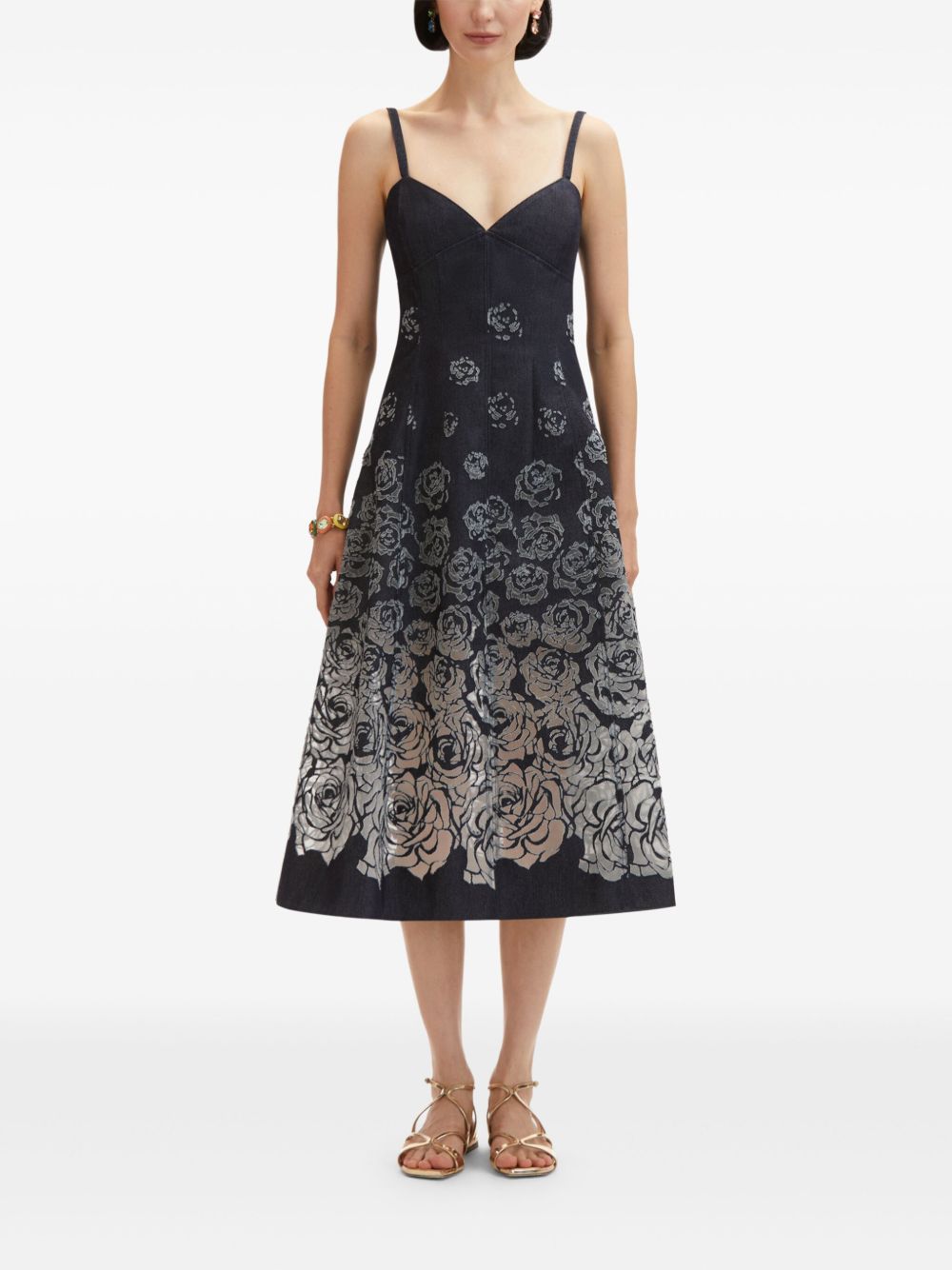 OSCAR DE LA RENTA DEVORÉ-EFFECT DENIM MIDI DRESS