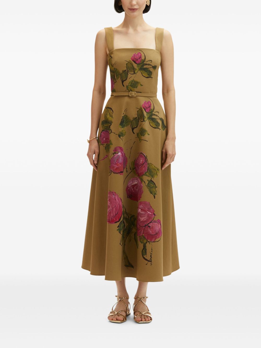 Oscar de la Renta Twill maxi-jurk met roosprint - Beige