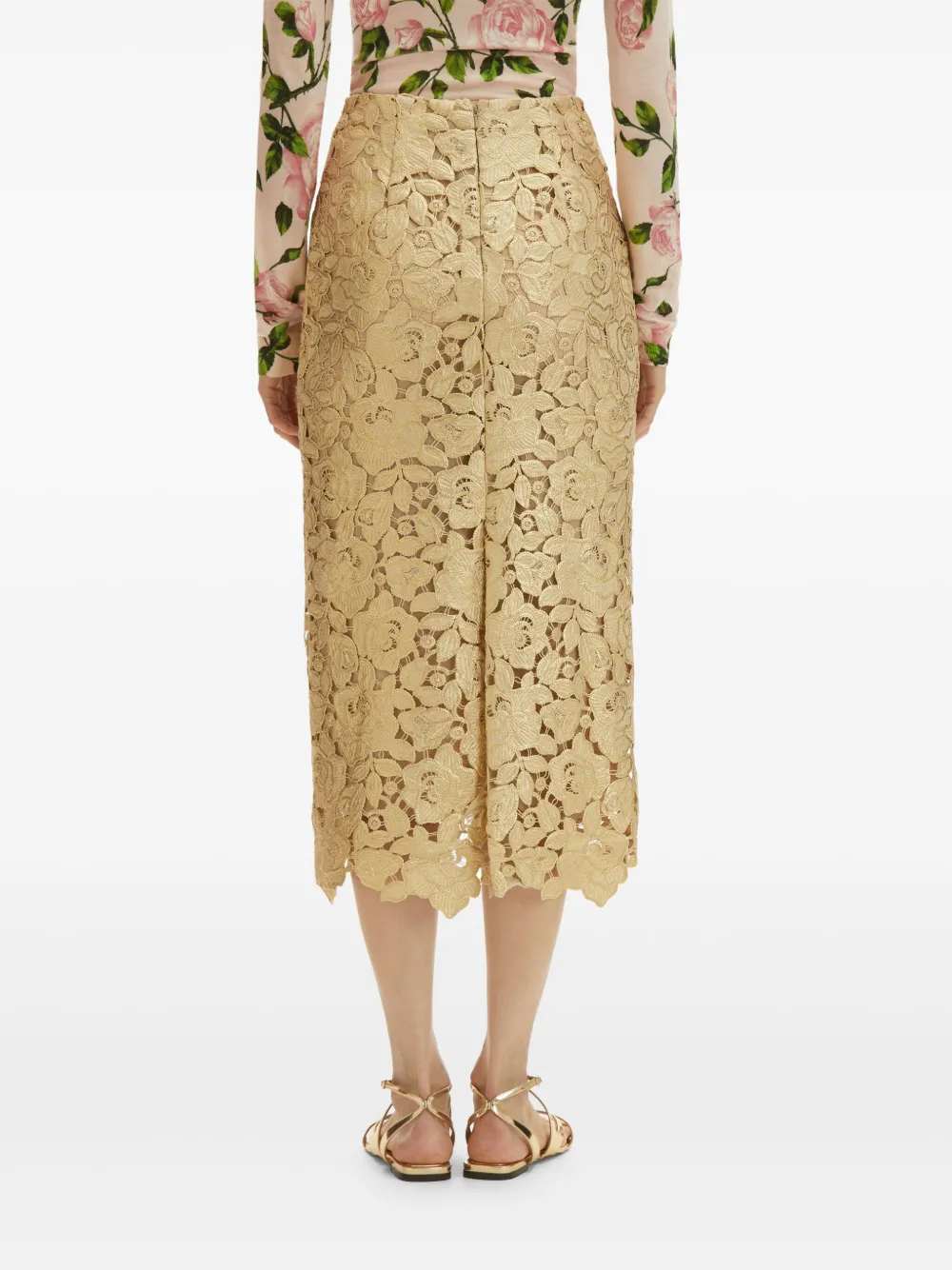 Oscar de la Renta Gold Foil Rose guipure midi-rok Goud