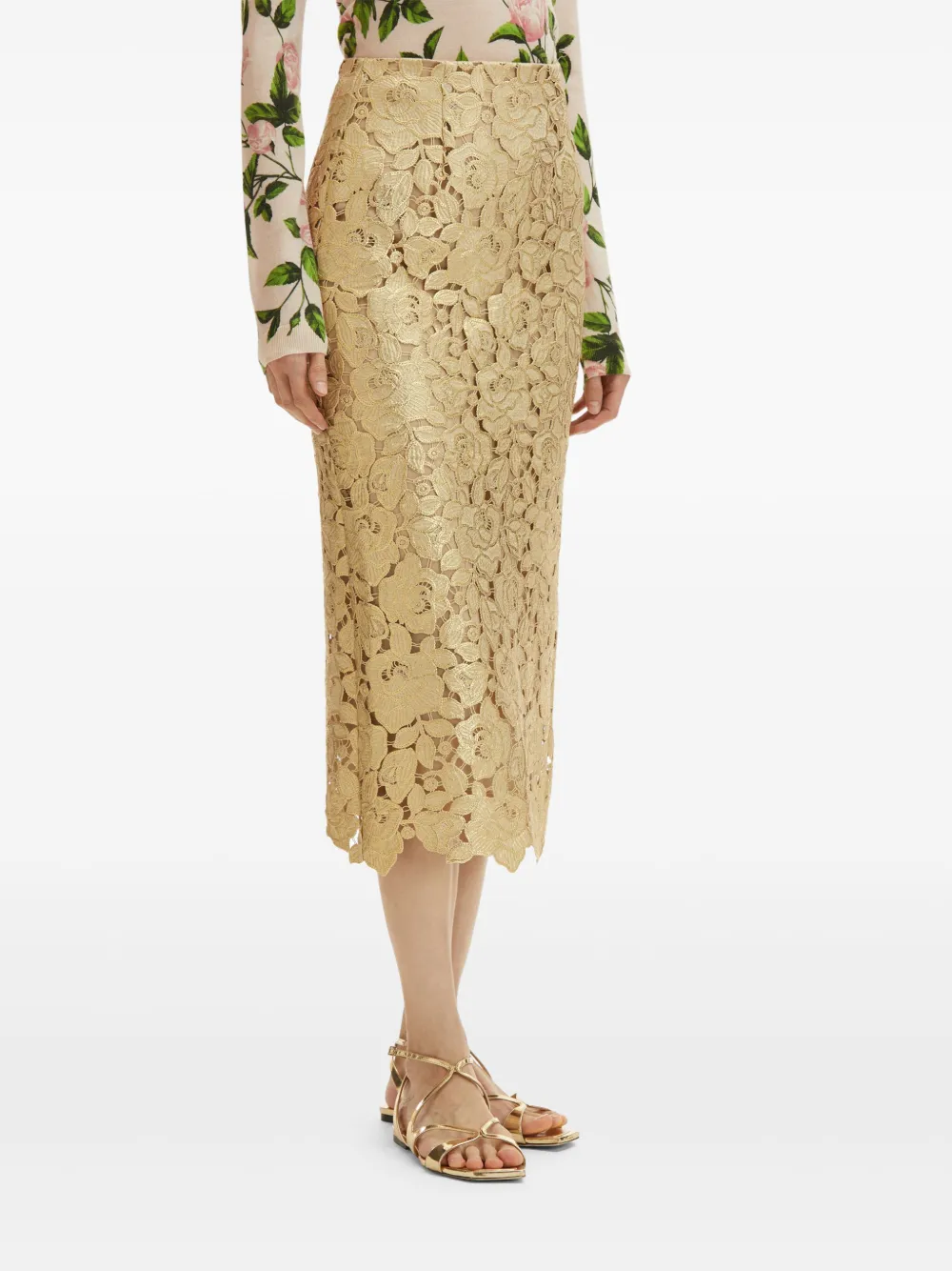 Oscar de la Renta Gold Foil Rose guipure midi-rok Goud