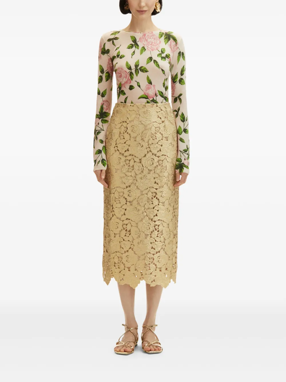 Oscar de la Renta Gold Foil Rose guipure midi-rok - Goud