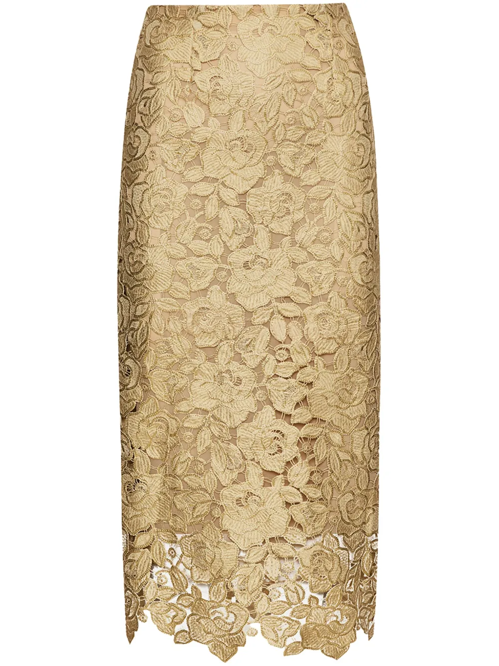 Oscar de la Renta Gold Foil Rose guipure midi-rok Goud