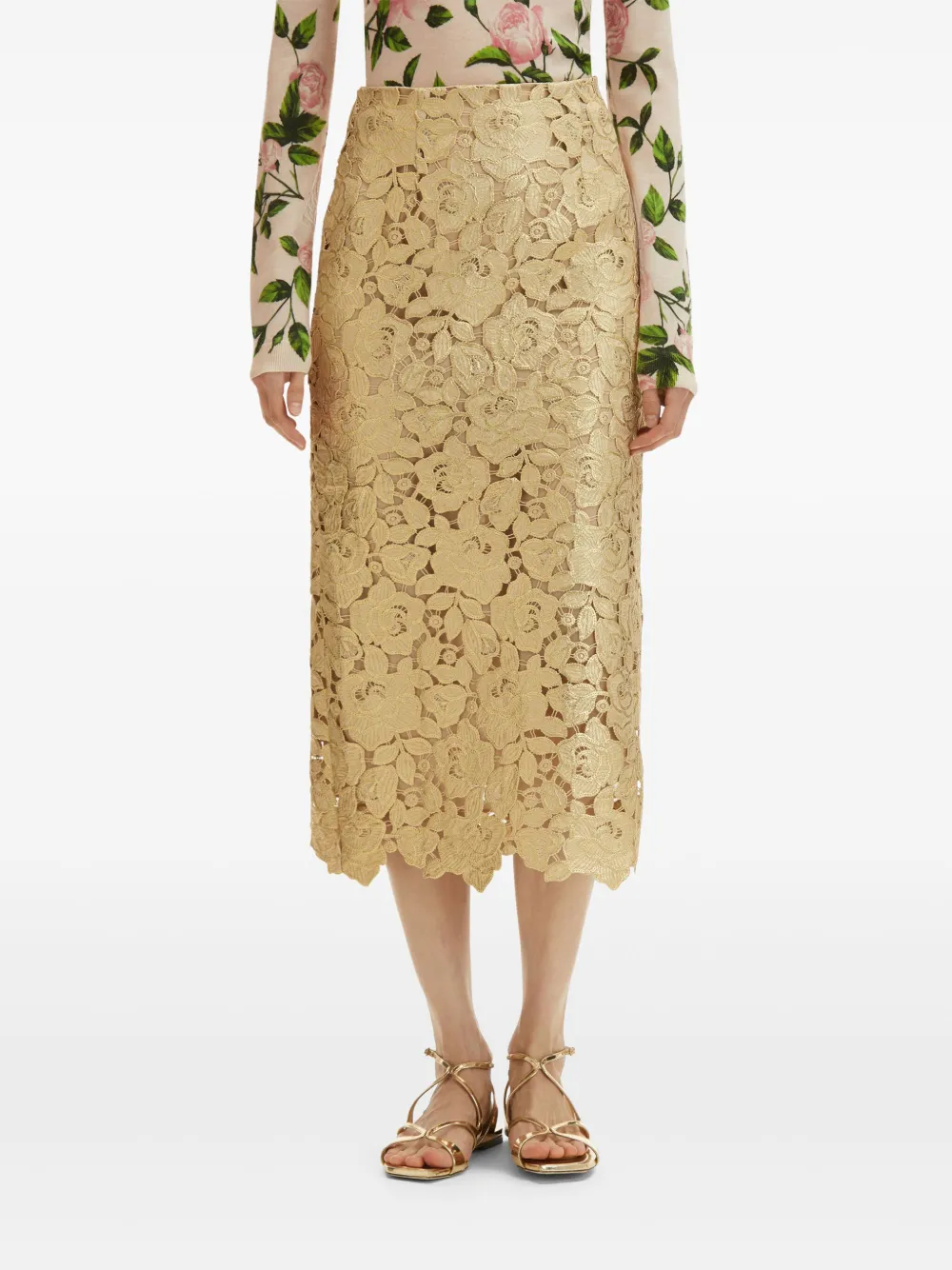 Oscar de la Renta Gold Foil Rose guipure midi-rok Goud