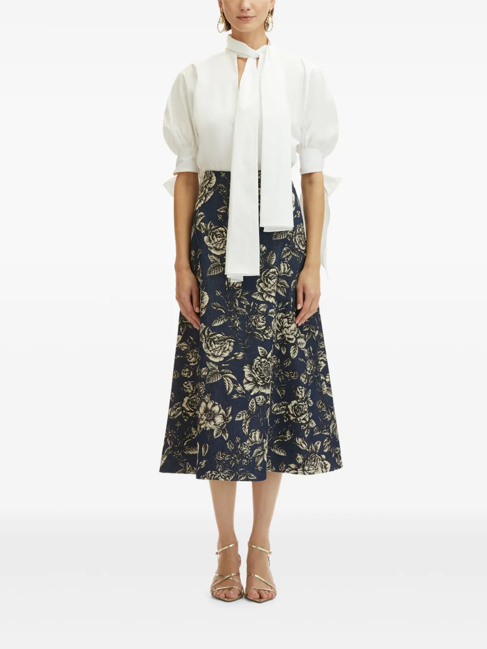 Oscar de la Renta Denim rok met roosprint - Blauw