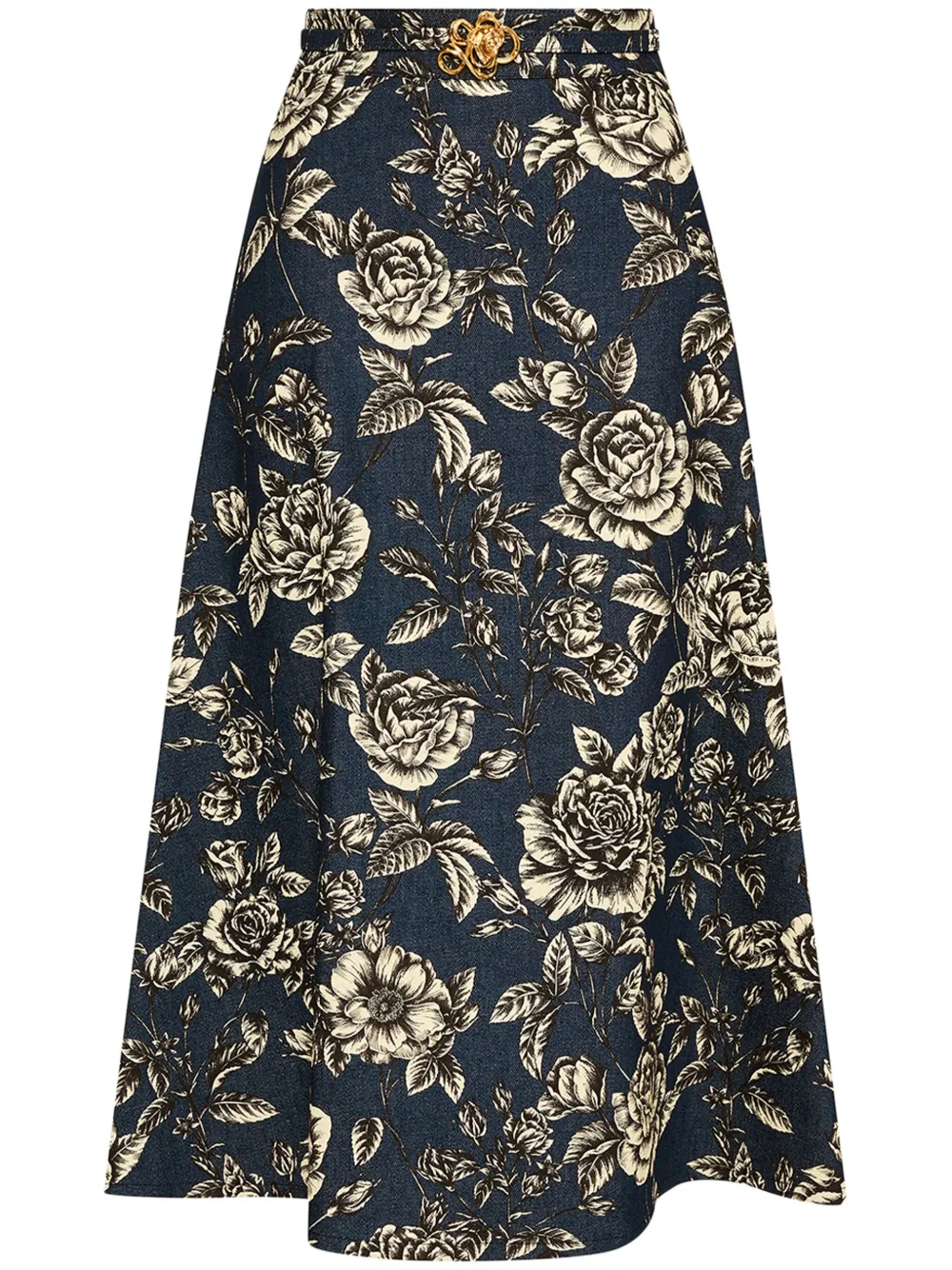 Rose-print denim skirt