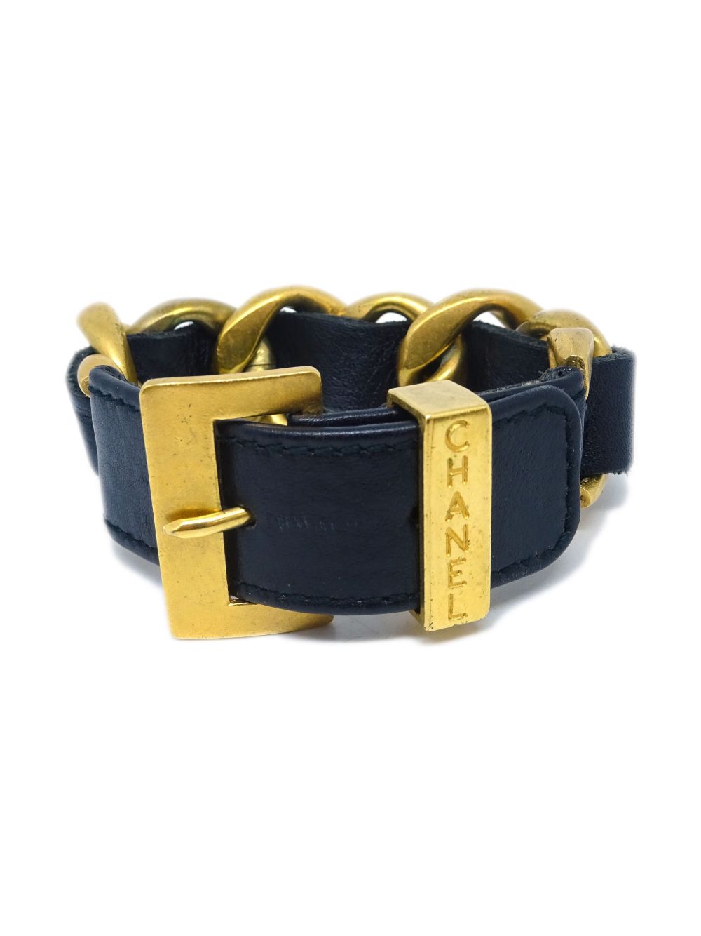 Pre-owned Chanel 1994 Leather-and-chain-link Bracelet In Gold