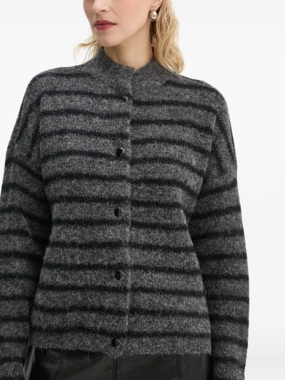 Gestuz Striped Button Cardigan In Gray
