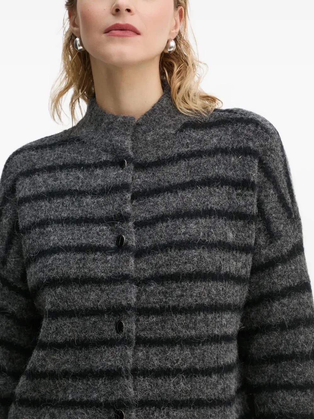 Gestuz Striped Button Cardigan In Gray