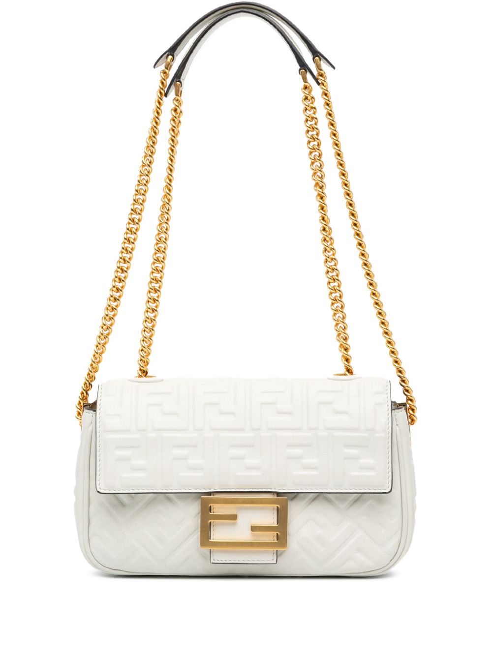 Pre-owned Fendi 2010-2024 Zucca Embossed Chain Midi Baguette Shoulder Bag In White