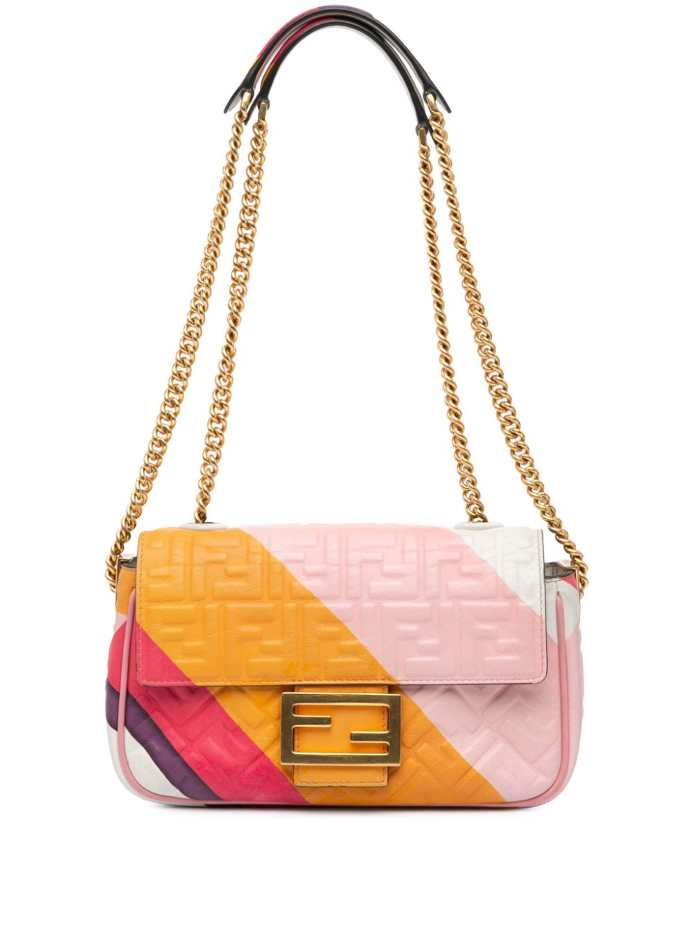 Pre-owned Fendi 2010-2024 Zucca Embossed Chain Midi Baguette Shoulder Bag In Multicolour