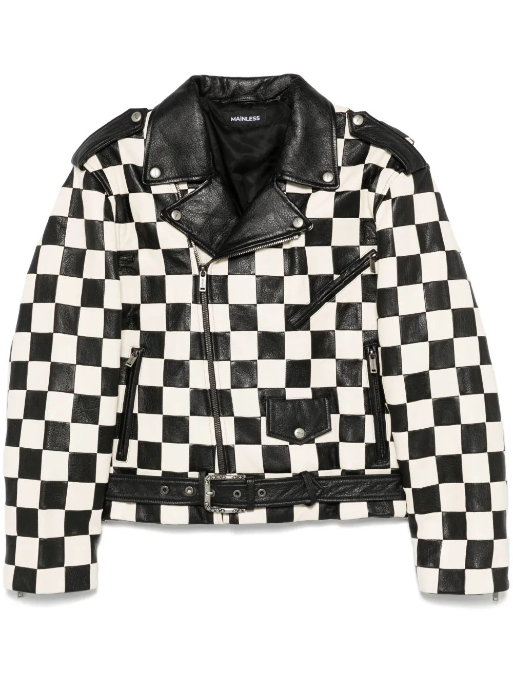 check-pattern biker jacket