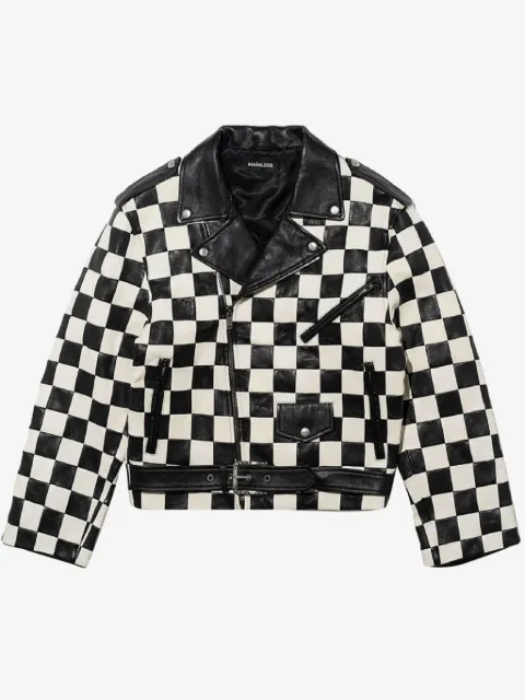 Mainless check-pattern biker jacket