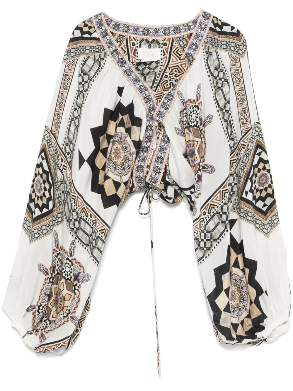Camilla Lace Up Front Blouson Sleeve Blouse Tile Style In White